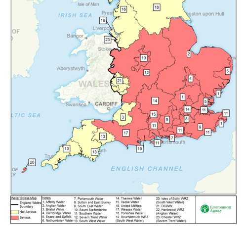 A map showing areas of water stress in England